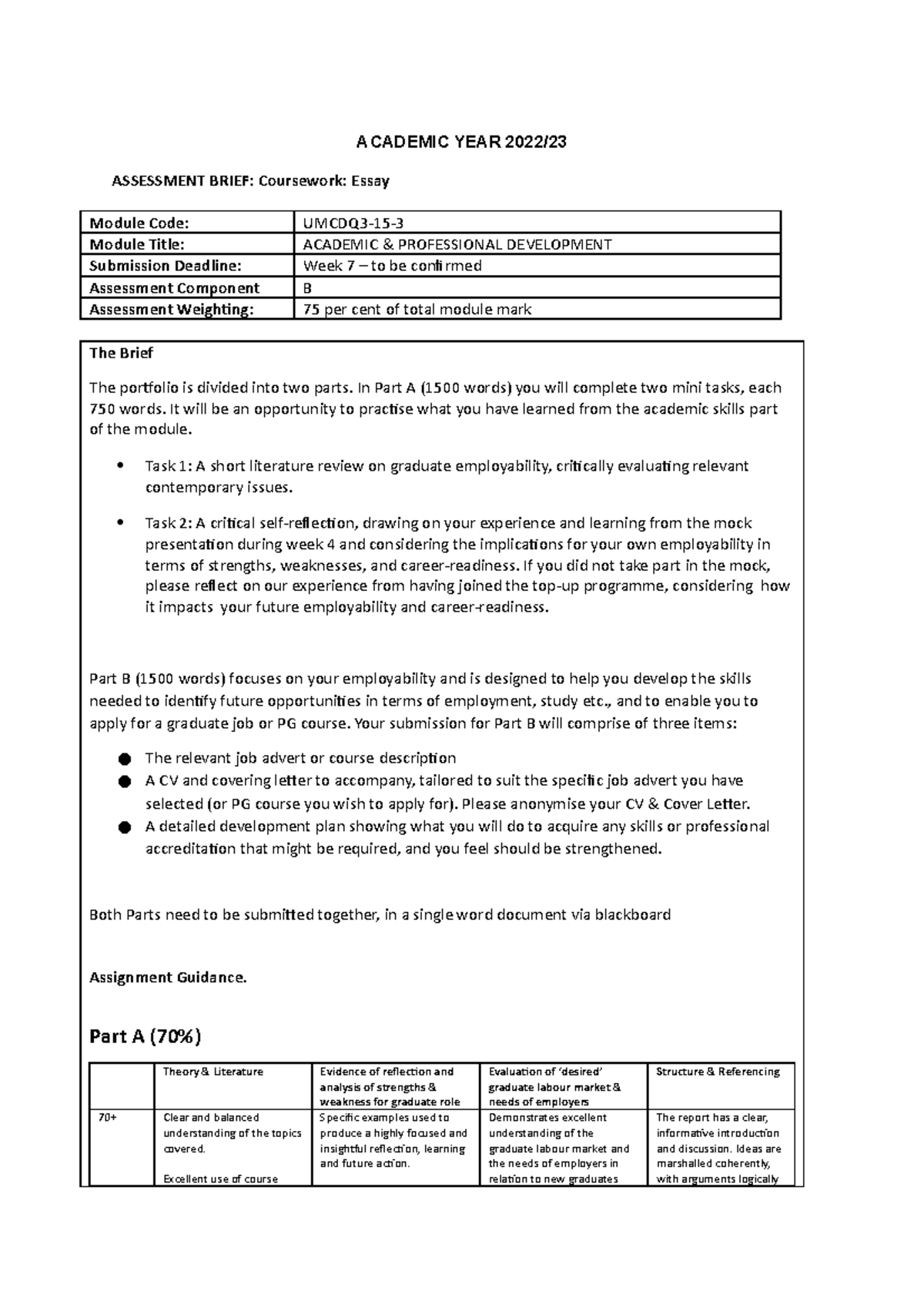 Component B Essay Brief for Academic & Professional Development UMCDQ3 ...