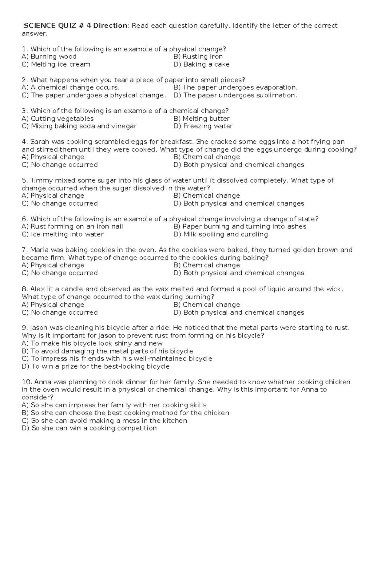 SCIENCE QUIZ 4 (2025-2026): Understanding Physical and Chemical Changes ...
