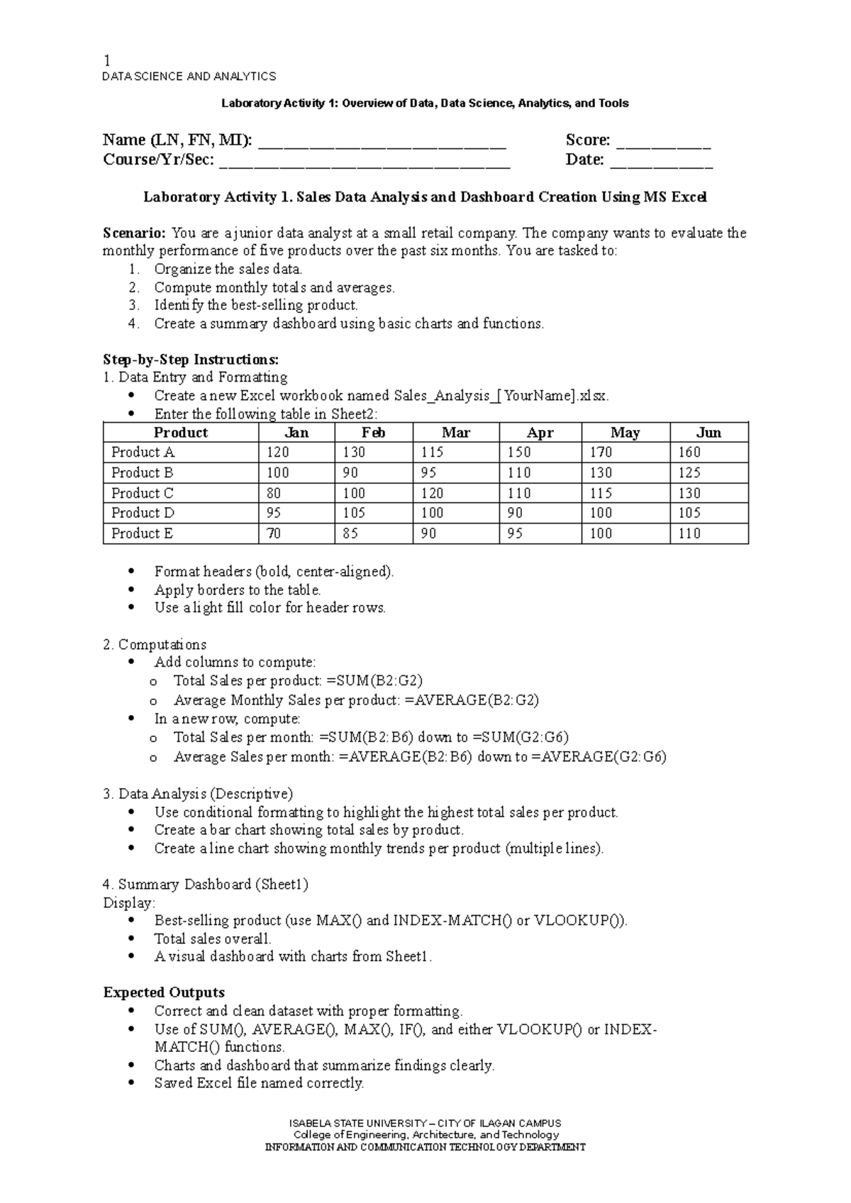 DATA SCIENCE AND ANALYTICS Lab Activity 1: Sales Data Analysis - Studocu