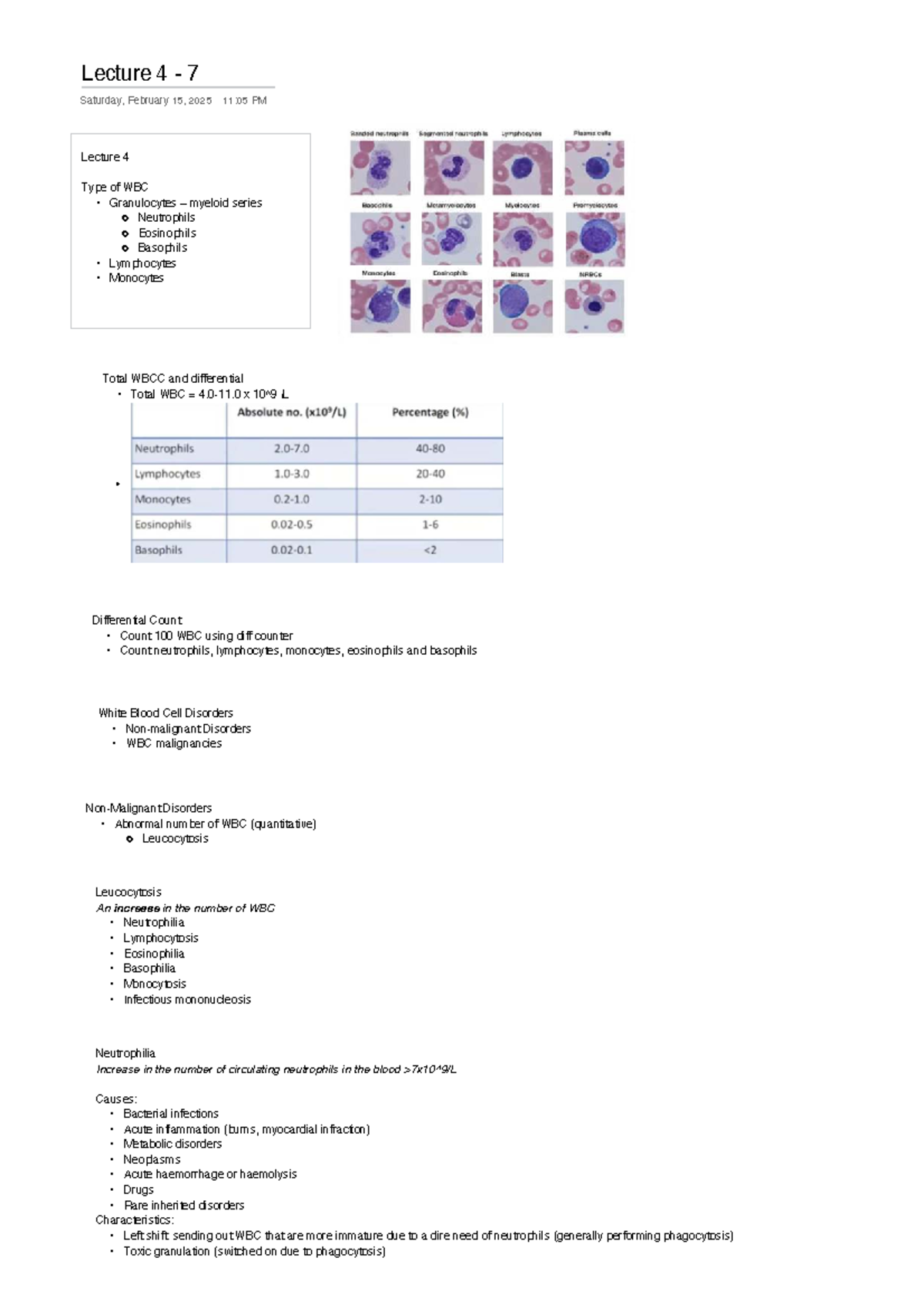 Lecture 4: White Blood Cell Types and Disorders Overview - Studocu