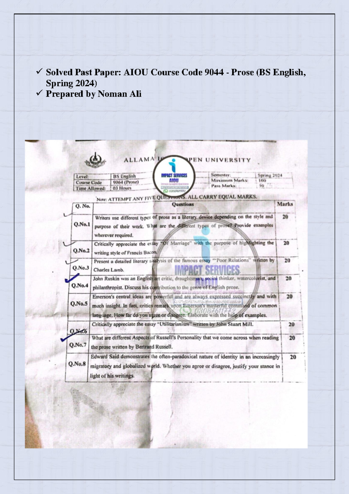 Solved Past Papers: AIOU Course Code 9044 Prose (BS English, Spring ...