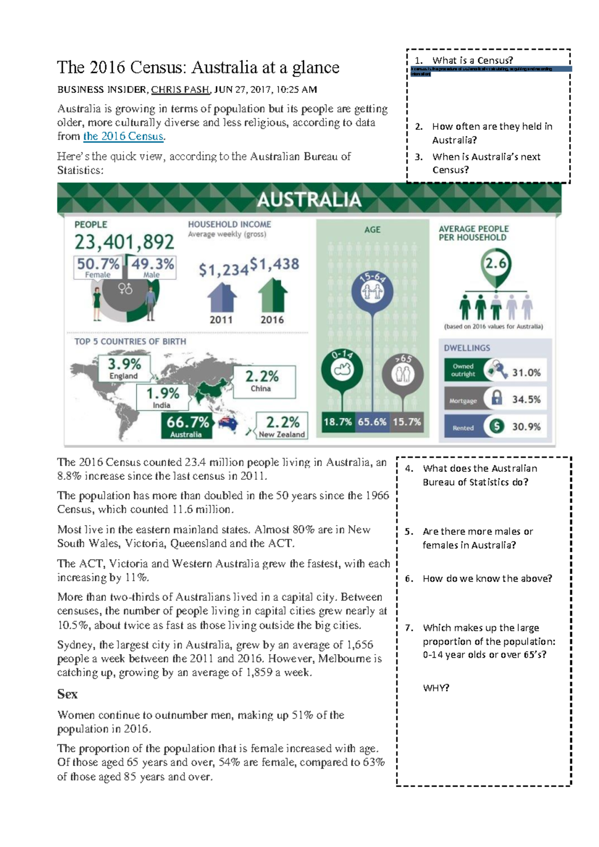 Census Analysis 2016: Demographic Insights and Trends - Studocu