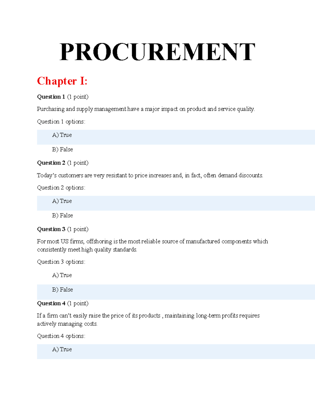 PROCUREMENT Quiz 1: Key Concepts in Purchasing & Supply Management ...