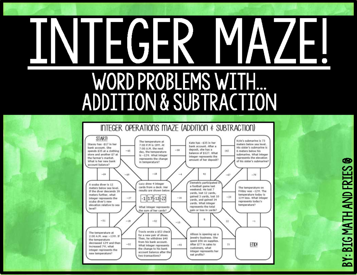 Integer Operations Maze Activity: Addition & Subtraction Word Problems ...