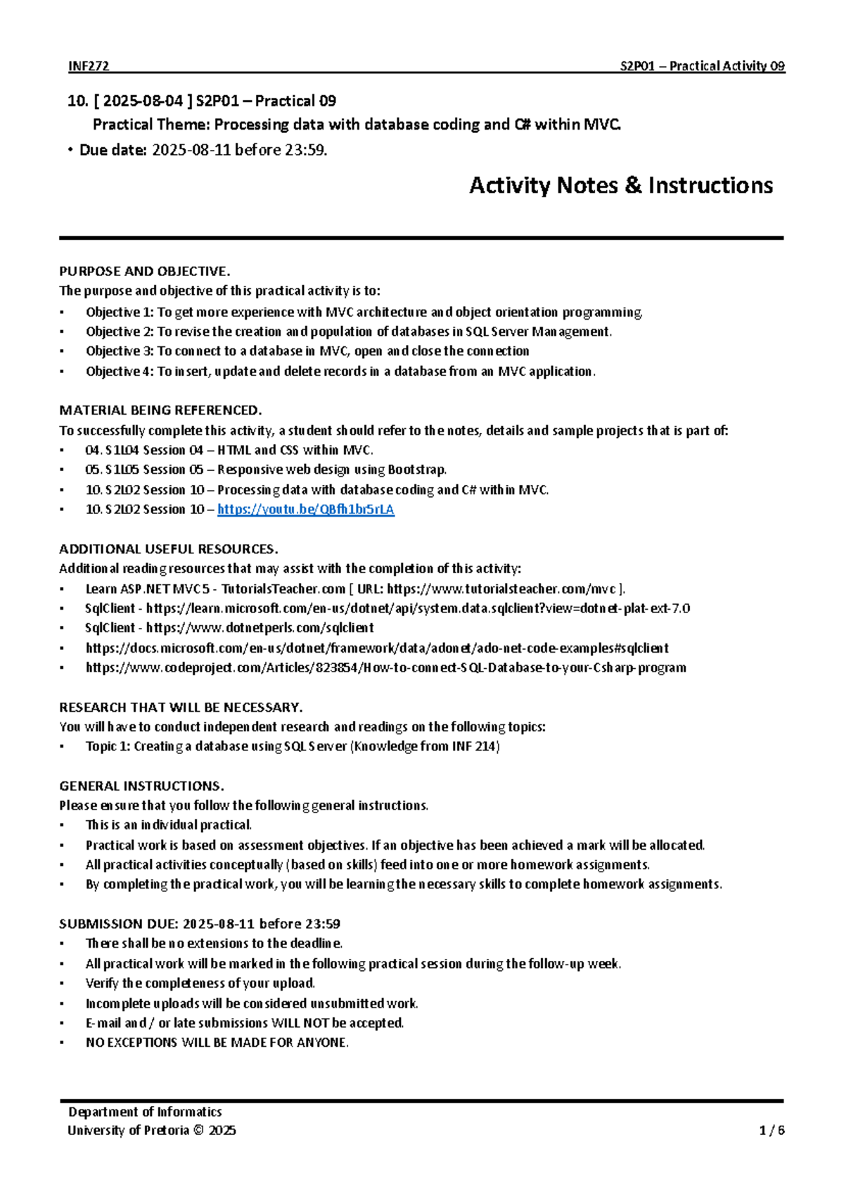 INF272 S2P01 Practical Activity 09: MVC Database Processing Guide - Studocu