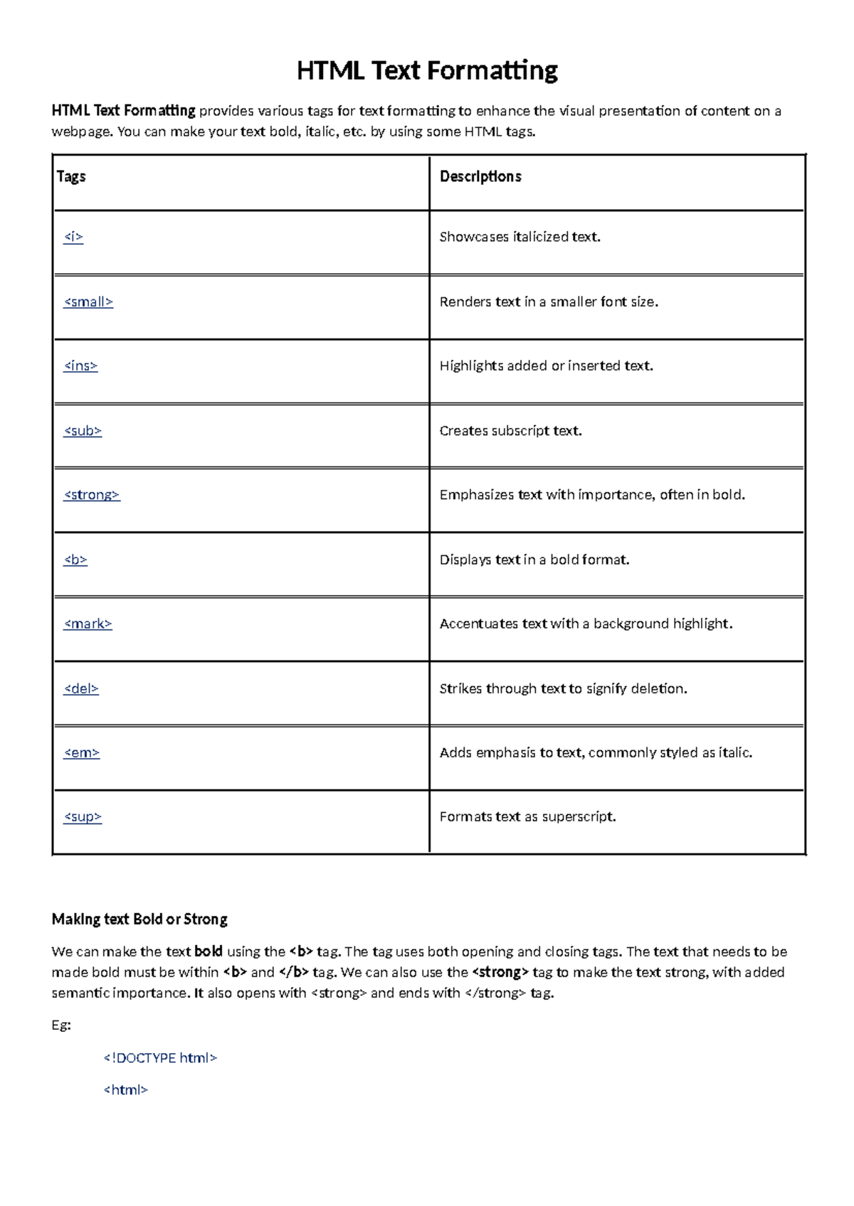 HTML Formatting Tags Notes (Course Code: 06) - Studocu