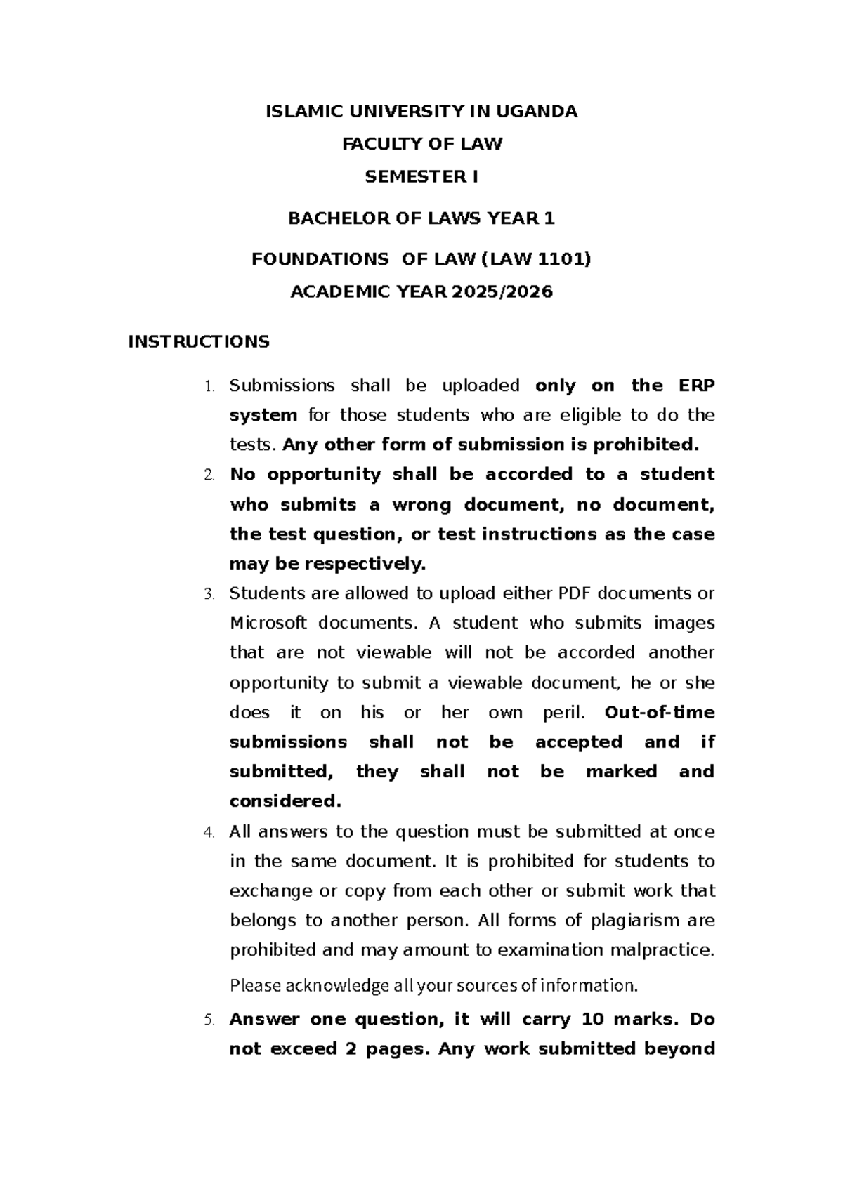 Foundations of Law (LAW 1101) Semester I Exam Instructions - Studocu