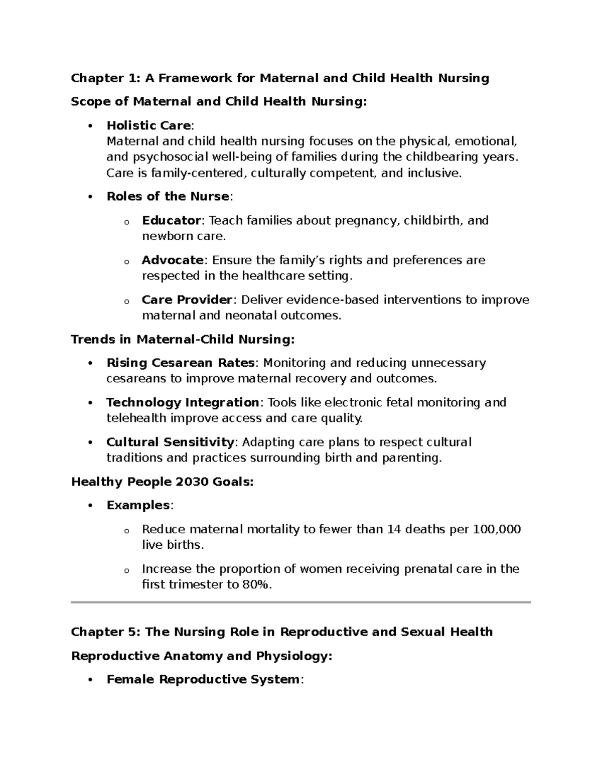 Week 1 Maternal chapters overview - Chapter 1: A Framework for Maternal ...