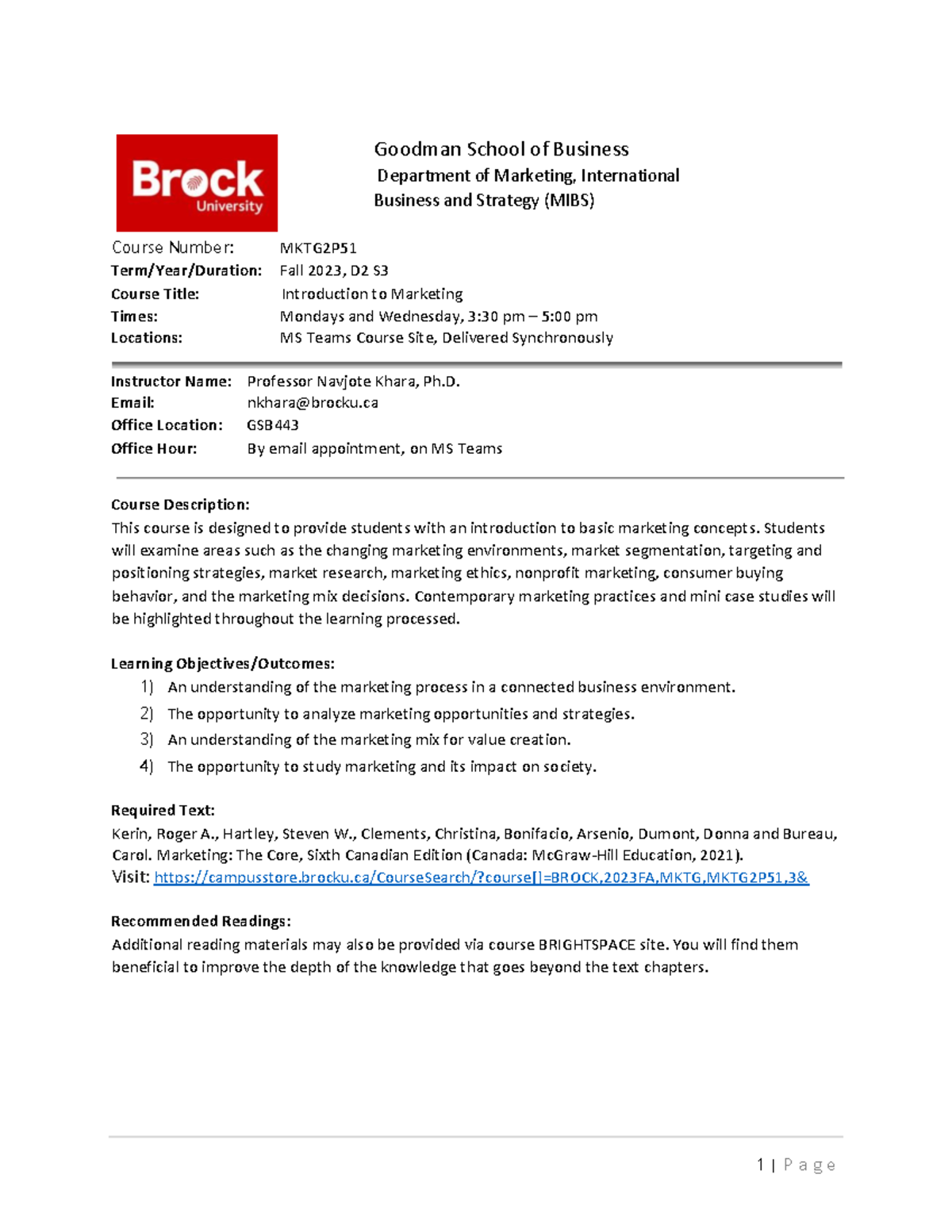 MKTG 2P51 Fall 2023 Course Outline: Intro to Marketing by Khara - Studocu