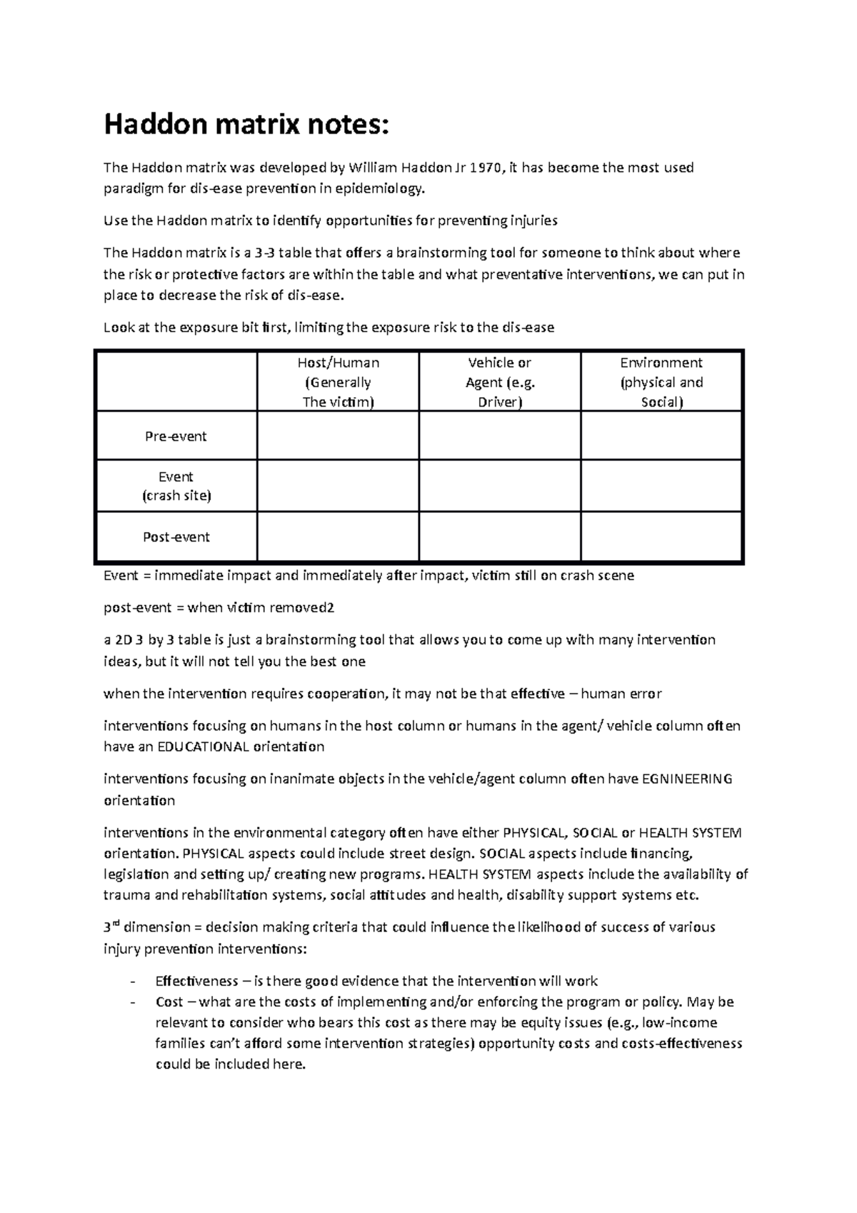 Haddon Matrix Notes for Injury Prevention and Decision-Making - Studocu