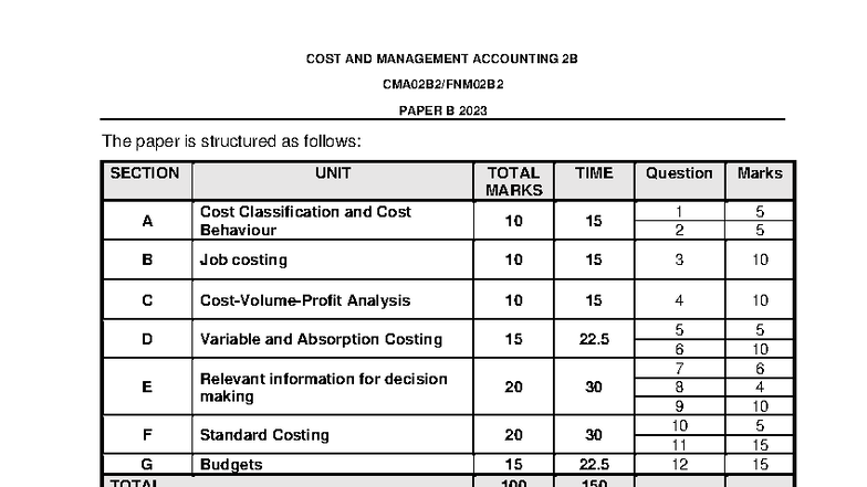 CMA02B2 Cost & Management Accounting Final Exam Paper B 2023 - Studocu