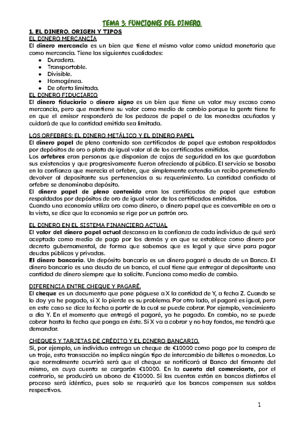 TEMA 3: FUNCIONES DEL DINERO Y SU IMPACTO EN LA ECONOMÍA - Studocu