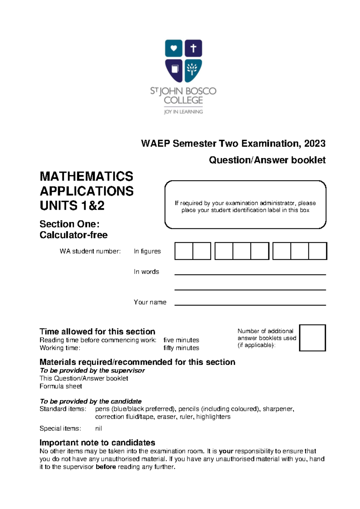 WAEP 2023 Year 11 Mathematics Applications Exam Booklet - Studocu
