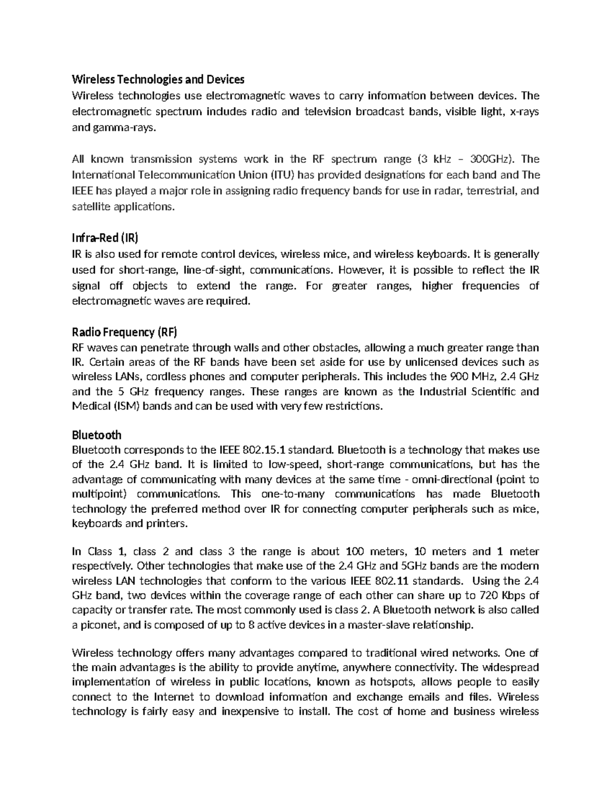Wireless Technologies and Devices: Overview of RF and IR Systems - Studocu