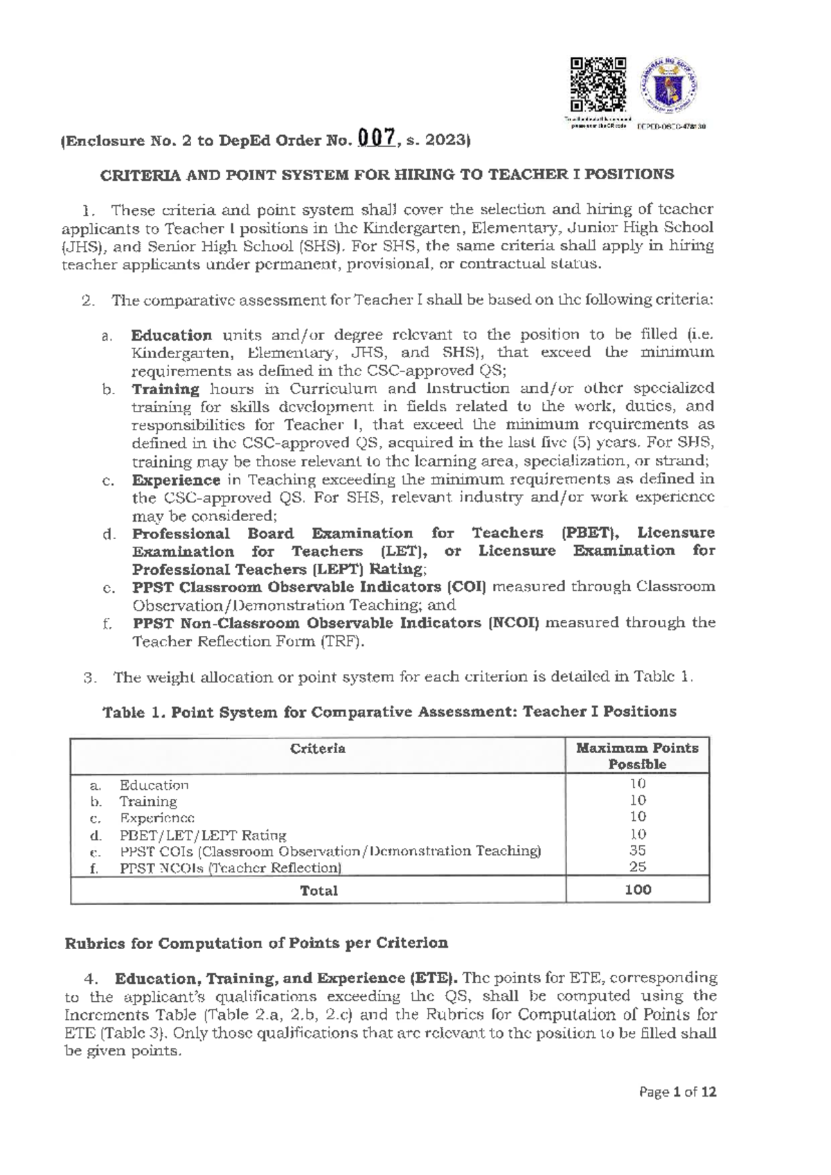 Criteria and Point System for Hiring Teacher I Positions (NG EDUKASYON ...