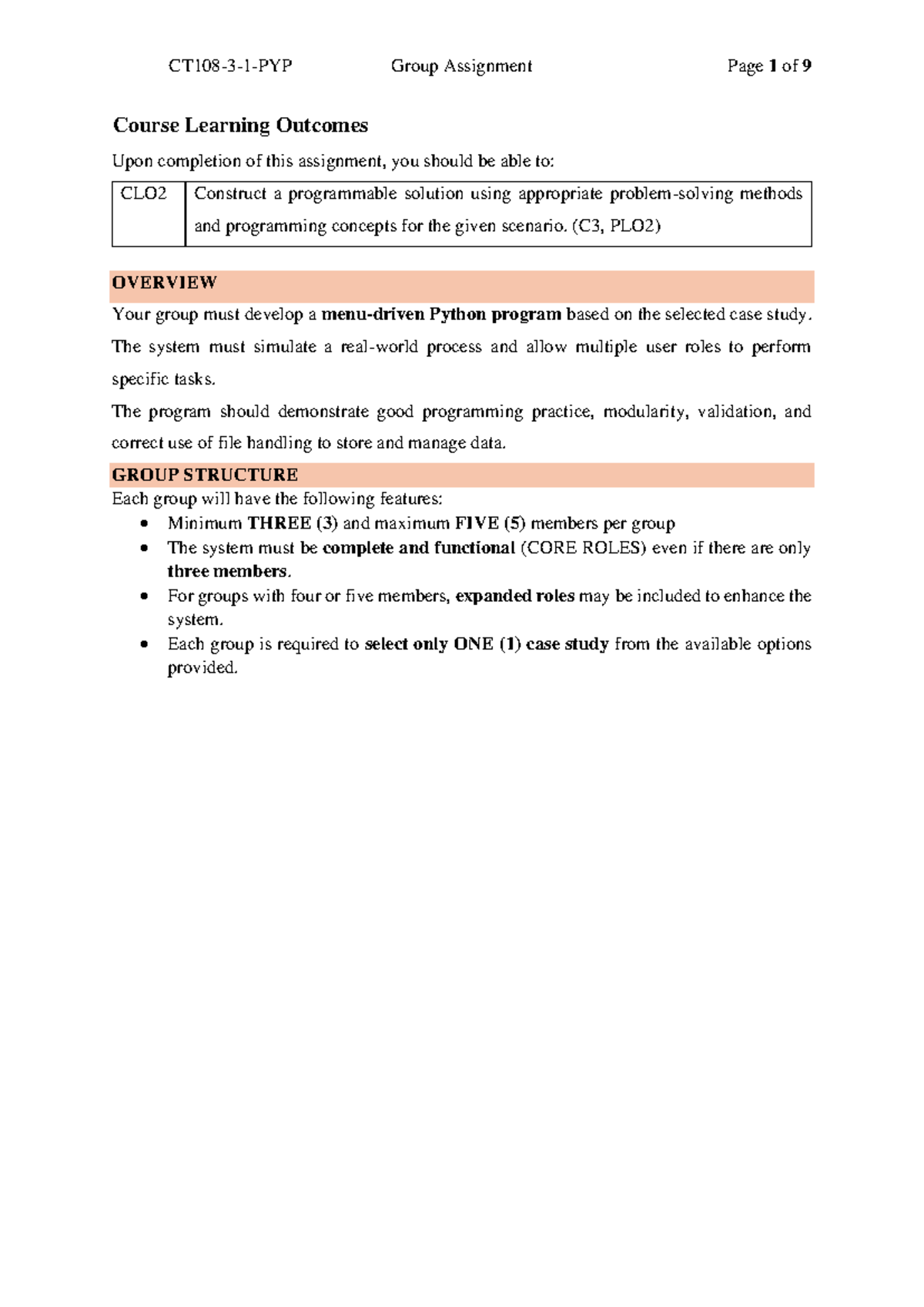 CT108-3-1-PYP Group Assignment: Python Program Development Guide - Studocu