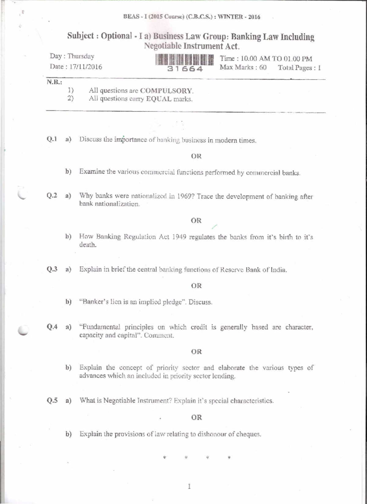 LLB I (2015 Course) (C.B.C.S.) : Winter 2016 Question Paper Compilation ...