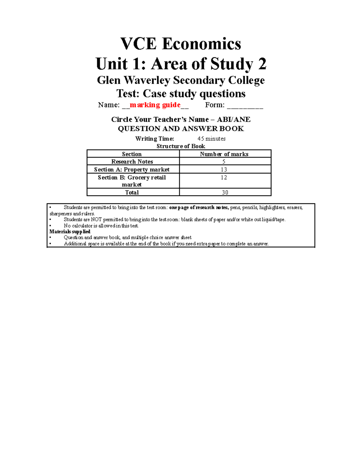 VCE Economics Unit 1: SAC 2024 Marking Guide & Case Study Questions ...