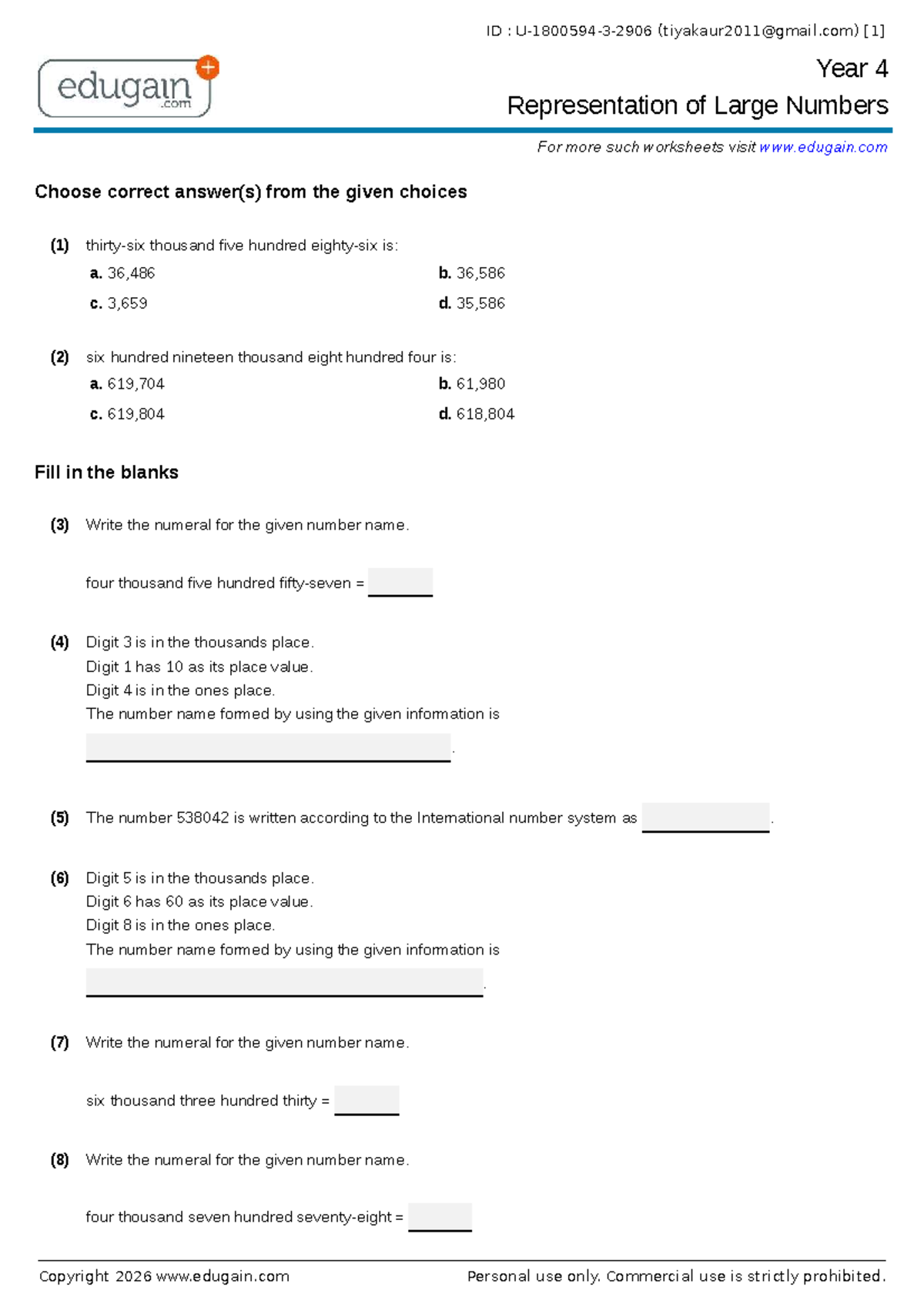 ID: Year 4 Large Numbers Representation Worksheet - Studocu