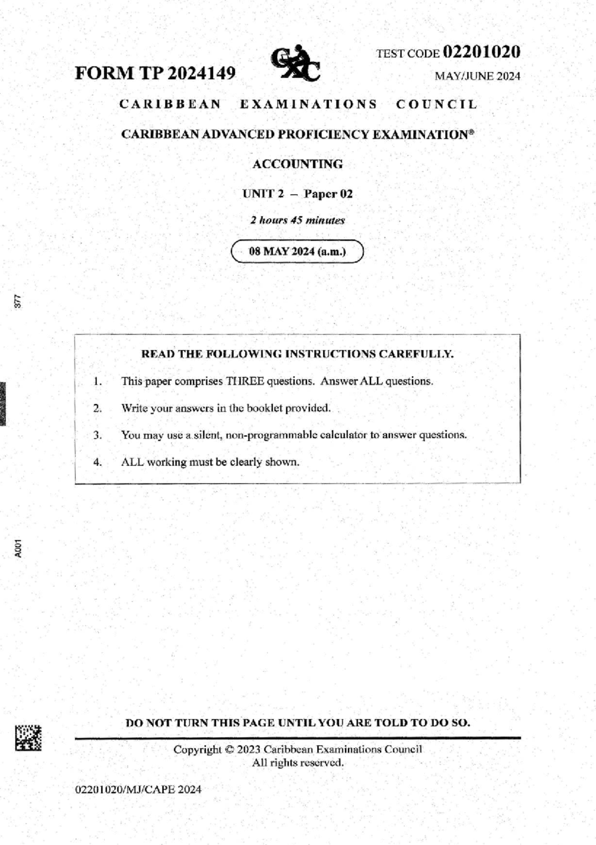 CAPE Accounting Unit 2 Paper 02 2024 Exam Guide - Studocu