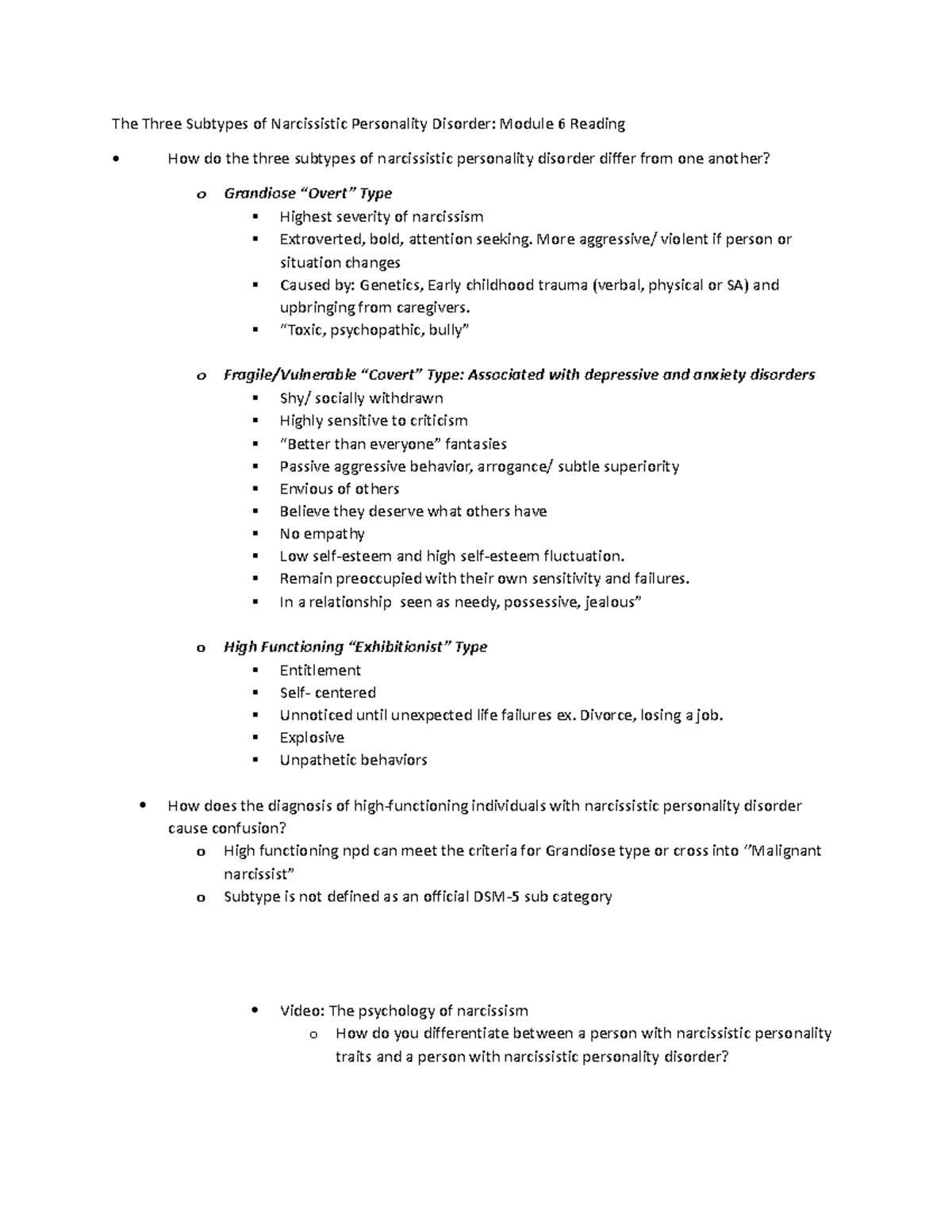 PSY 215 Textbook Questions - The Three Subtypes of Narcissistic ...