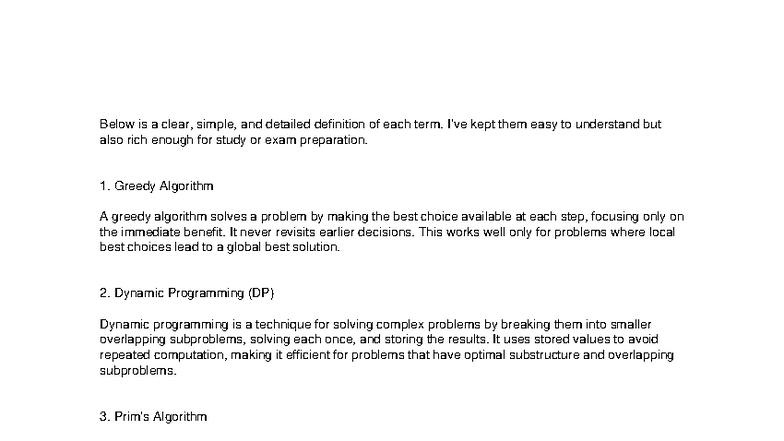 Algorithm Definitions for Exam Prep: Greedy & Dynamic Programming - Studocu