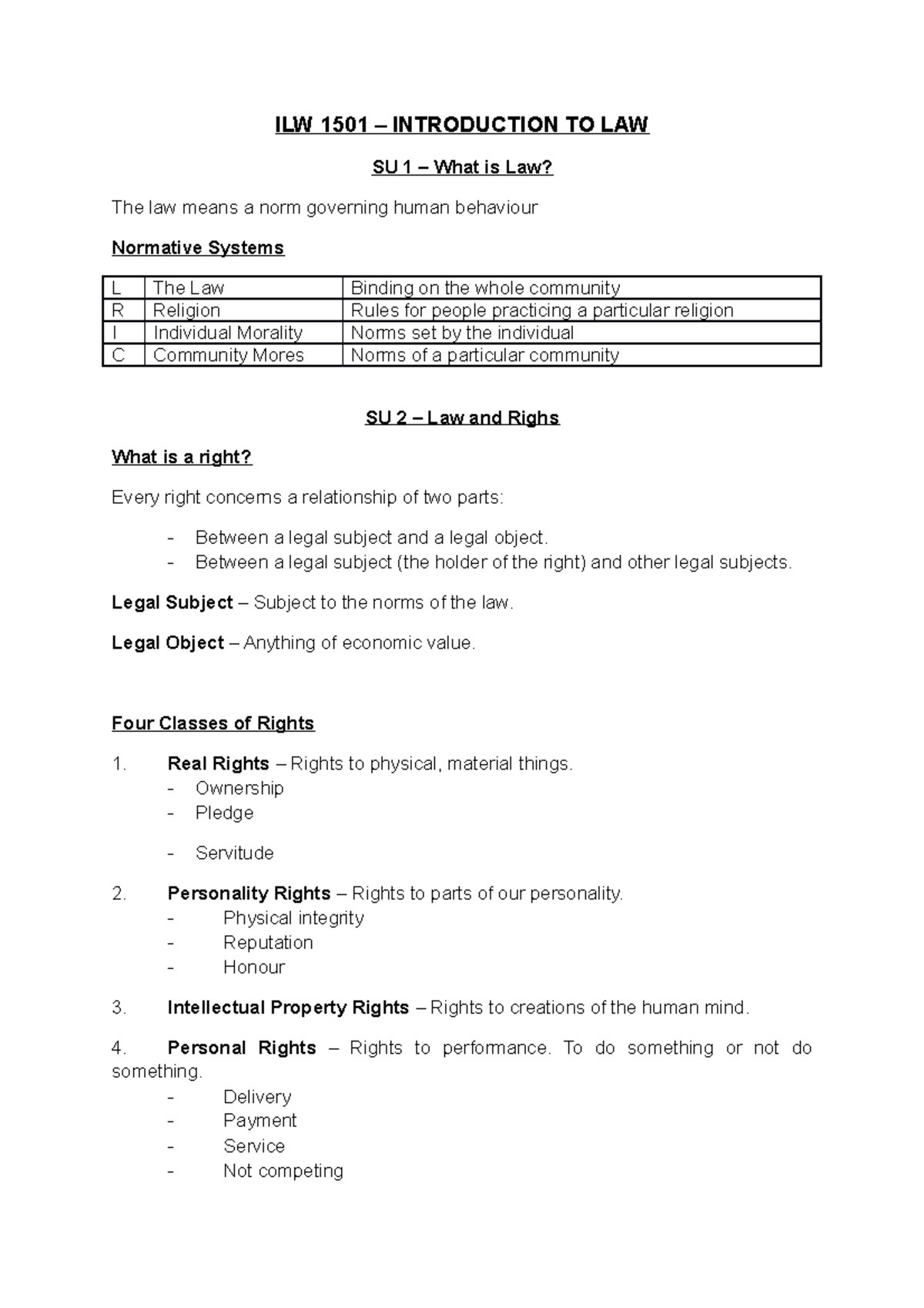 ILW 1501 - Comprehensive Notes on Introduction to Law - Studocu