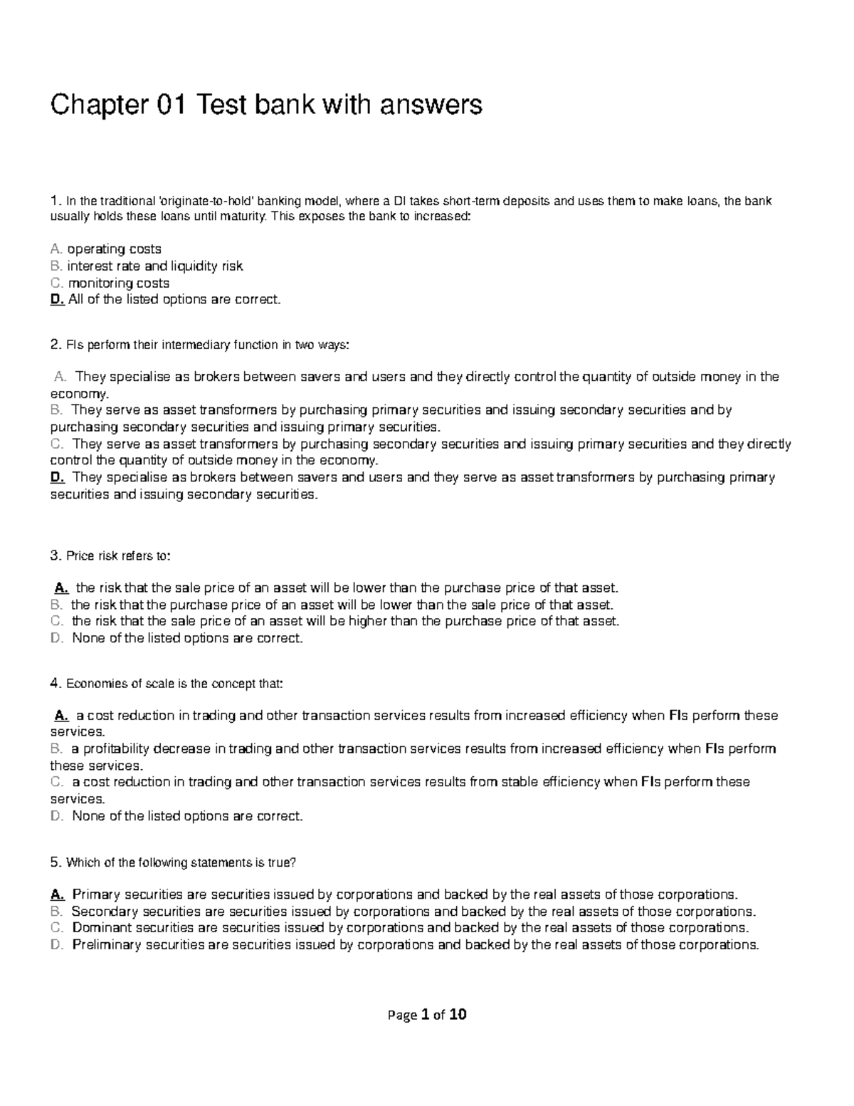 Chapter 01 Test Bank with Answers for Financial Intermediaries (FIN-101 ...