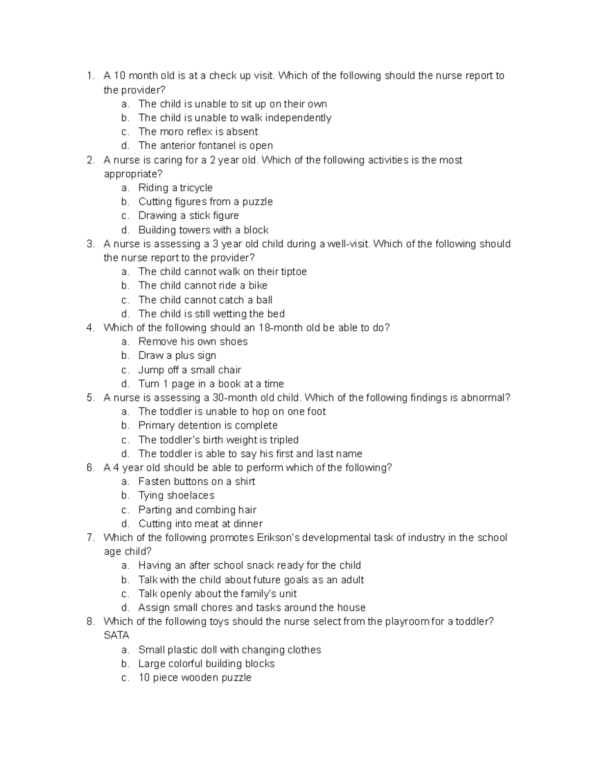Practice Questions for Pediatric Nursing Assessment - Studocu