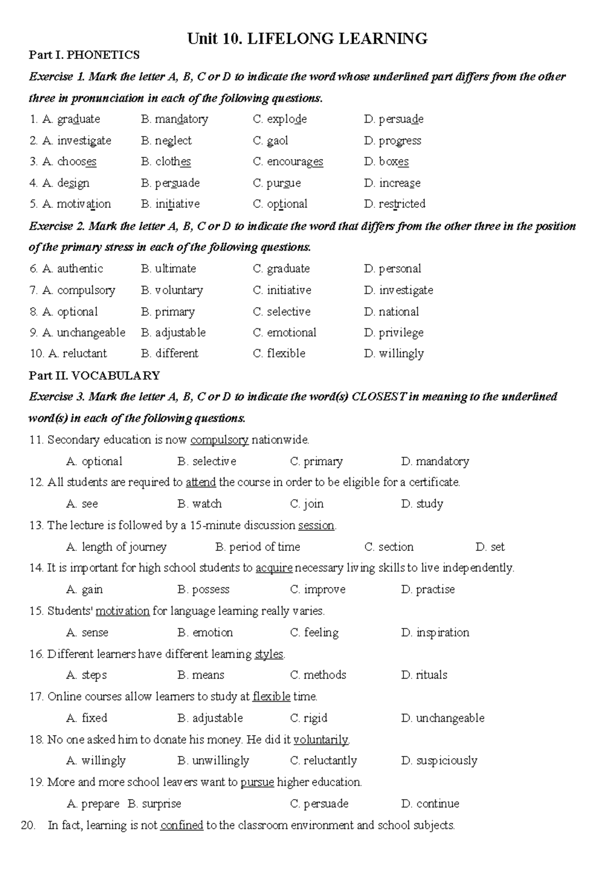 Unit 10 - Tiếng Anh: Phonetics, Vocabulary and Lifelong Learning ...