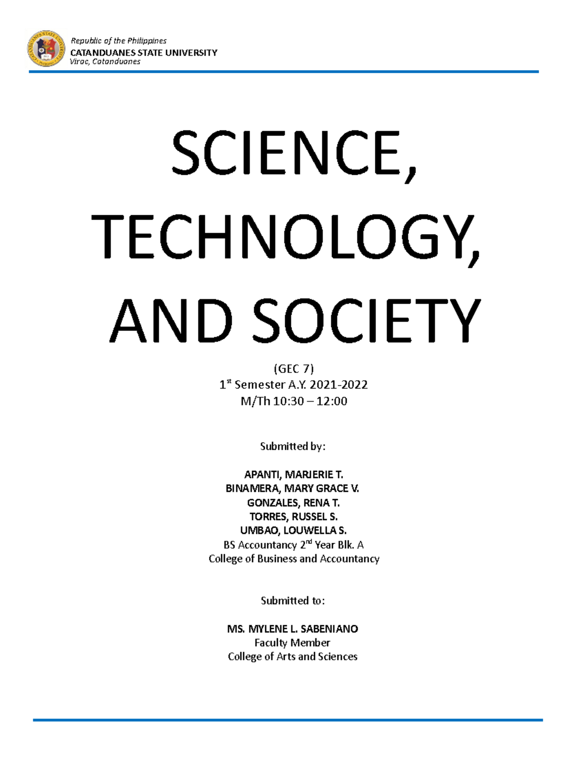 Science Technology and Society - (GEC 8) - CATANDUANES STATE UNIVERSITY ...