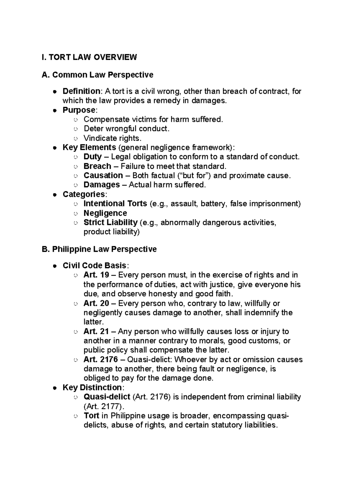 TORT LAW (LAW 101): Overview and Comparative Analysis of Common Law and ...