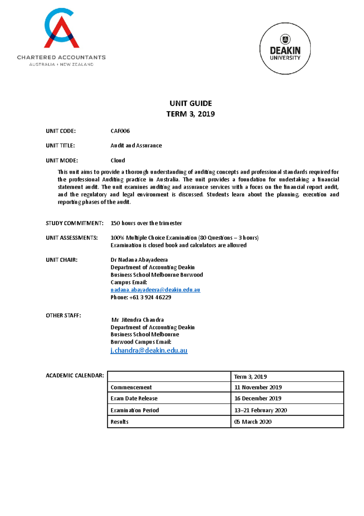 CAF006 T3 2019 Audit and Assurance Unit Guide and Overview - Studocu