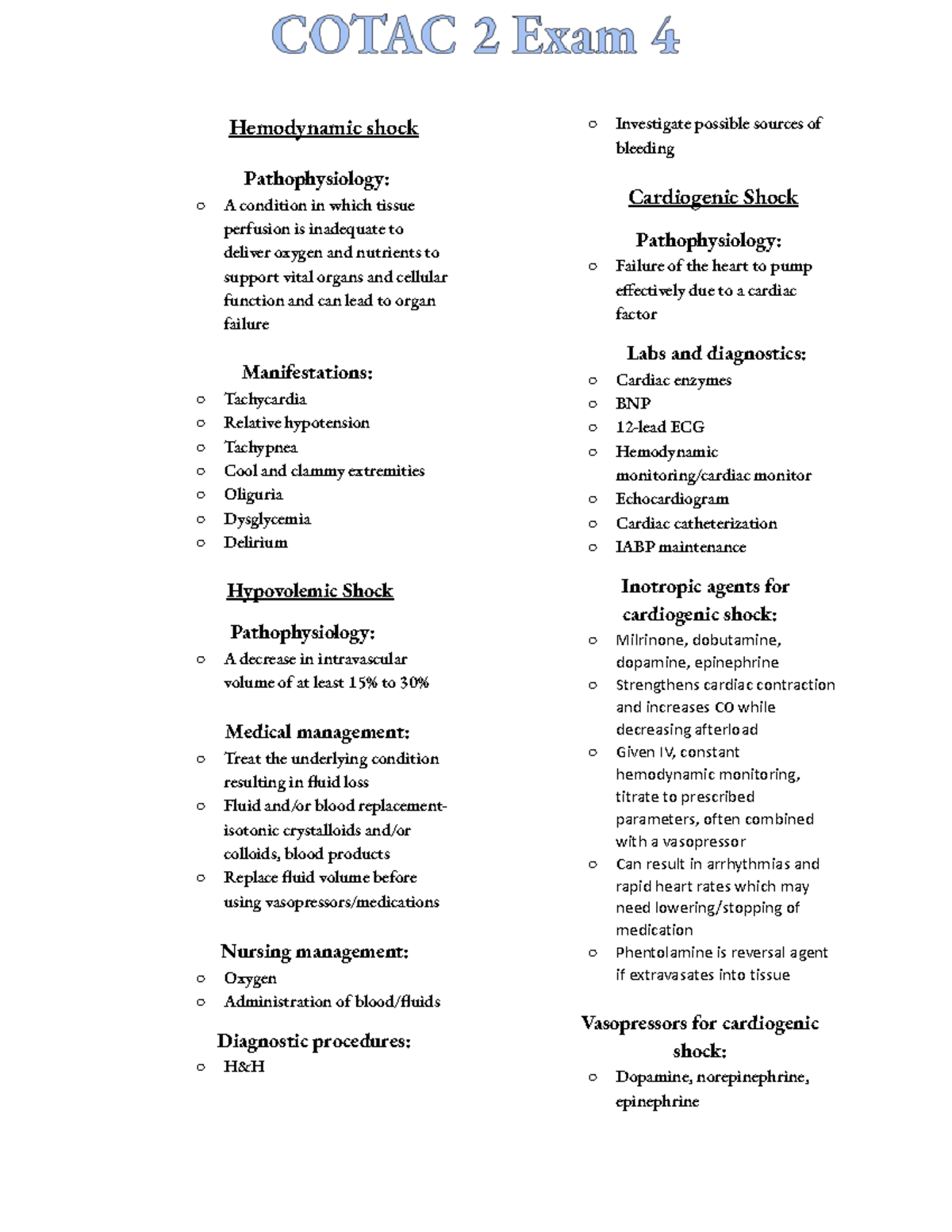 Cotac 2 Final Exam Study Notes on Hemodynamic Shock - Studocu