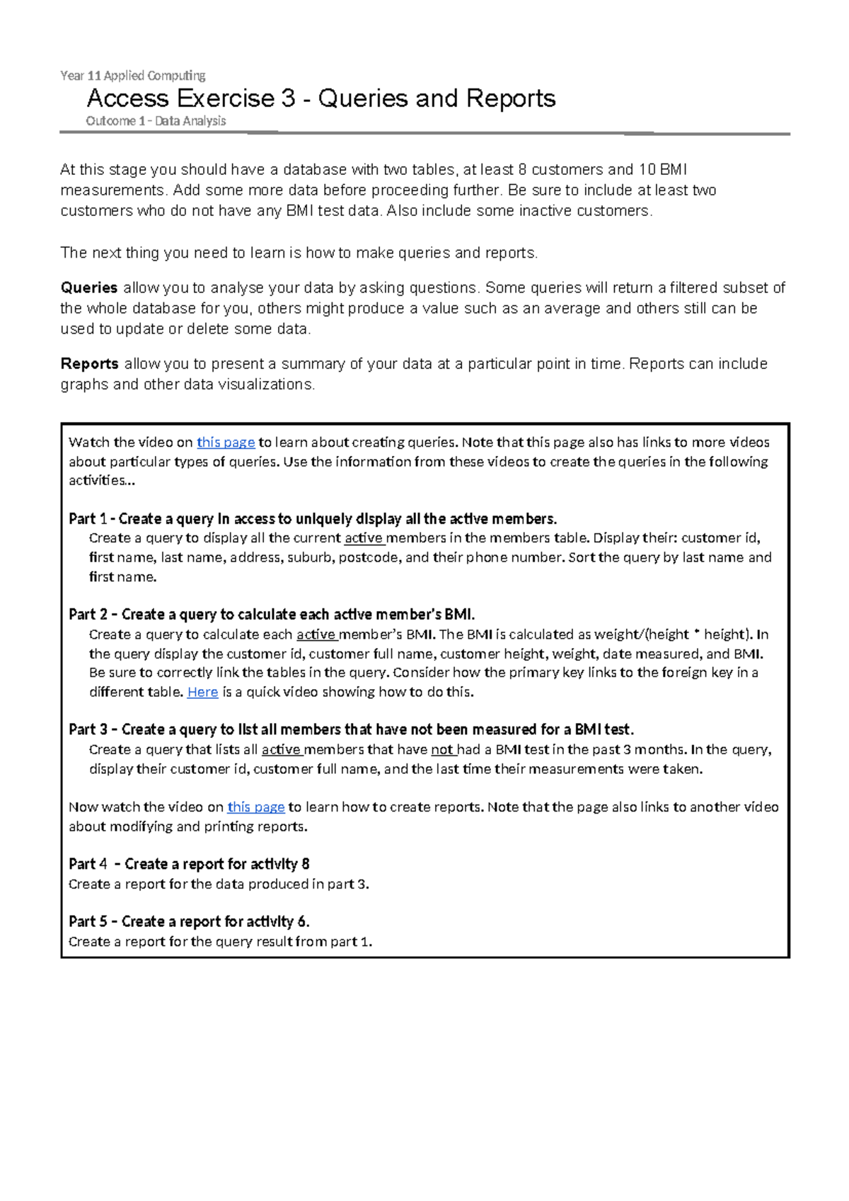 Access 3 - Year 11 Applied Computing Queries & Reports Guide - Studocu