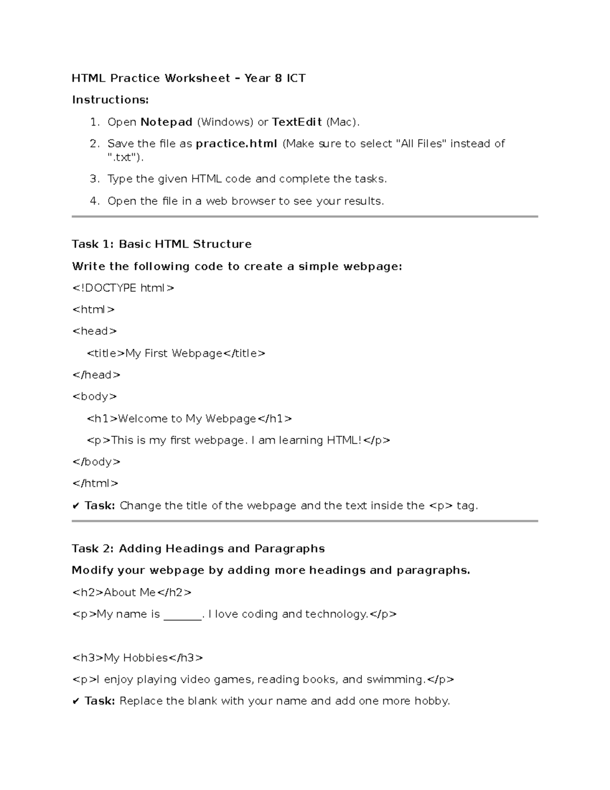 HTML practice worksheet for year 8 ICT students - Studocu