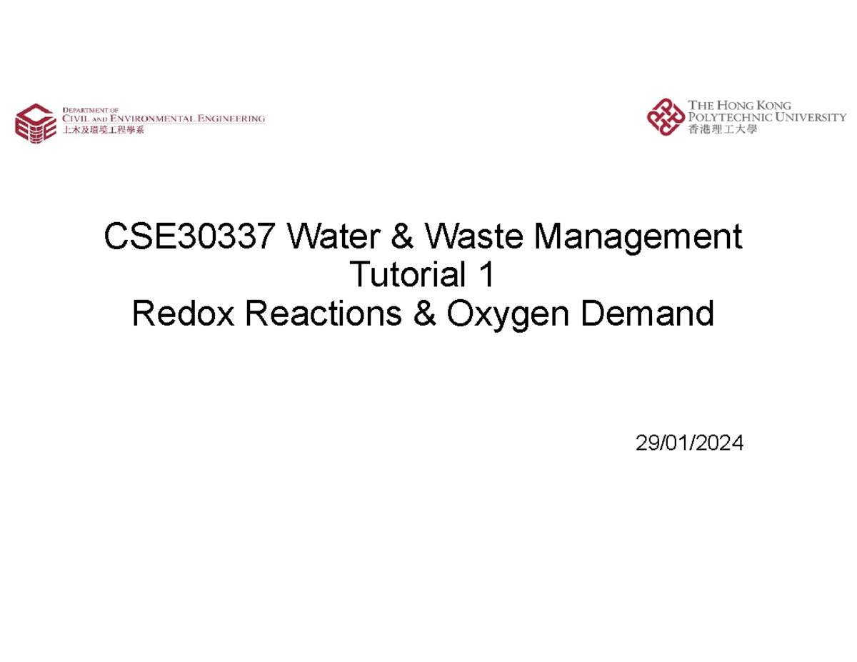 CSE30337 Water & Waste Management Tutorial 1: Redox & Oxygen Demand ...