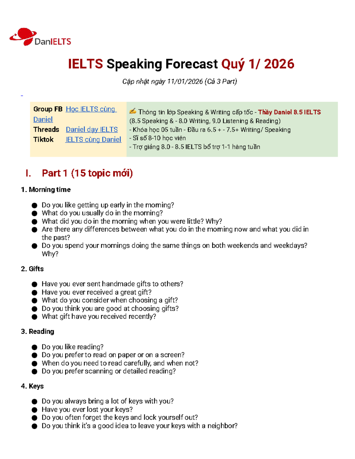IELTS Speaking Forecast Q1 2026 with Daniel - All 3 Parts - Studocu