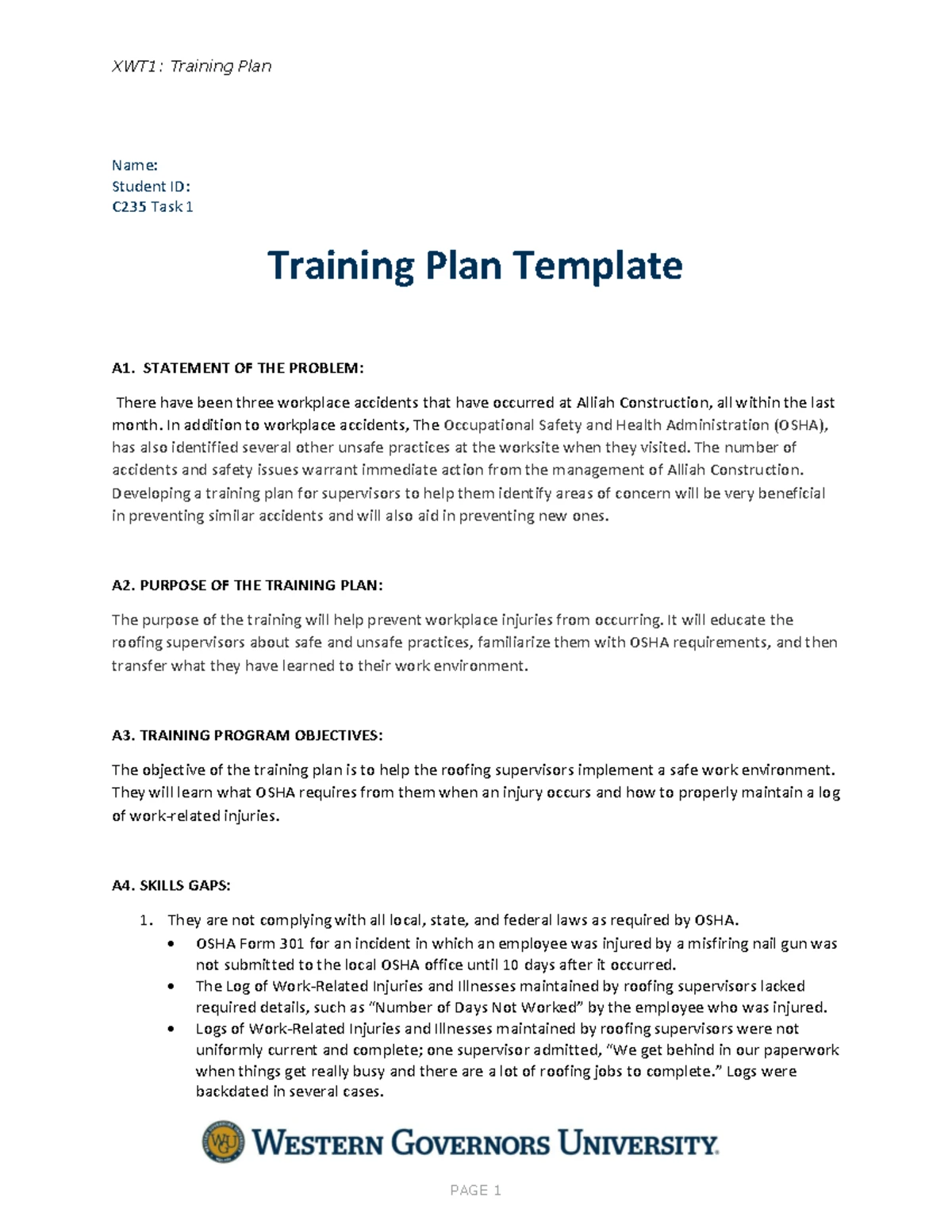 C235 Task 1 - Grade: Pass - XWT1: Training Plan Training Plan Template ...