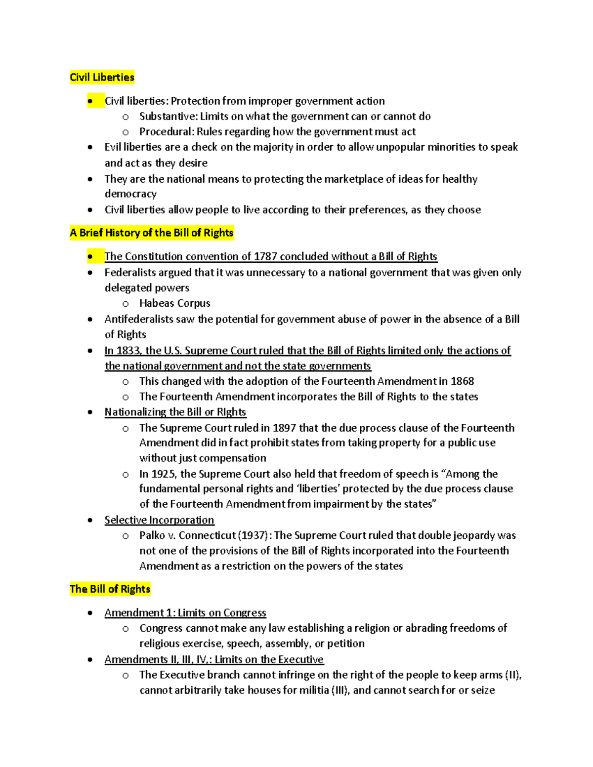 Chapter 4 Notes - Civil Liberties Civil liberties: Protection from ...