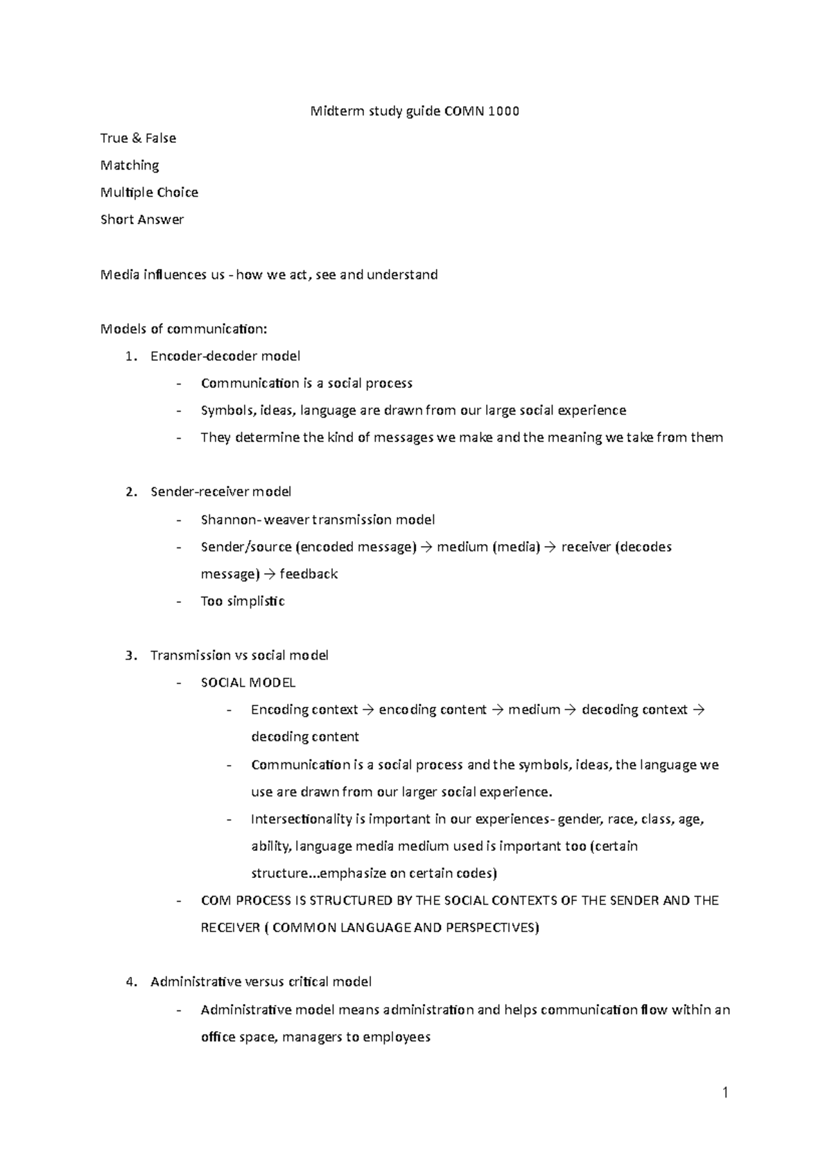 COMN 1000 Midterm Study Guide: Key Concepts and Q&A - Studocu