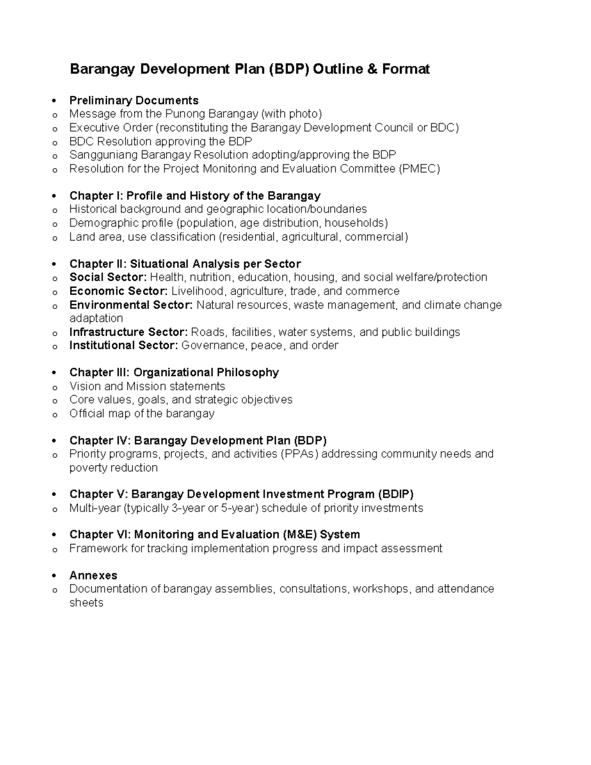 Barangay Development Plan (BDP) Outline and Framework - Studocu