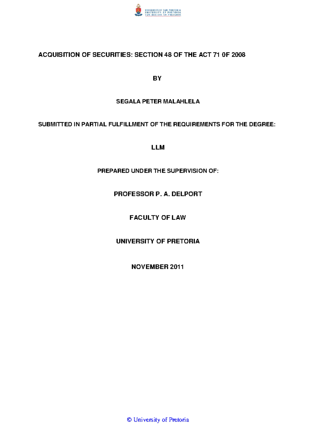 LLM Thesis: Acquisition of Securities Under Section 48 of Act 71 of ...