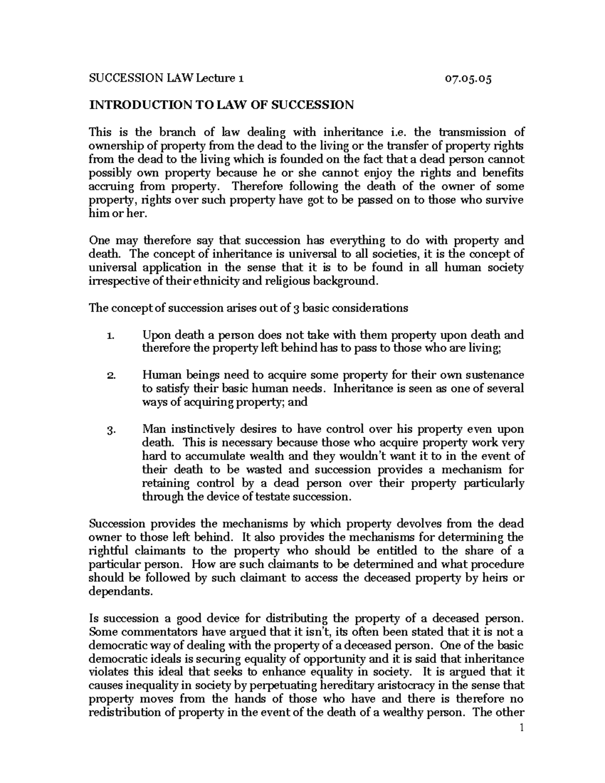 LAW OF SUCCESSION Lecture 1: Introduction to Inheritance Law Concepts ...