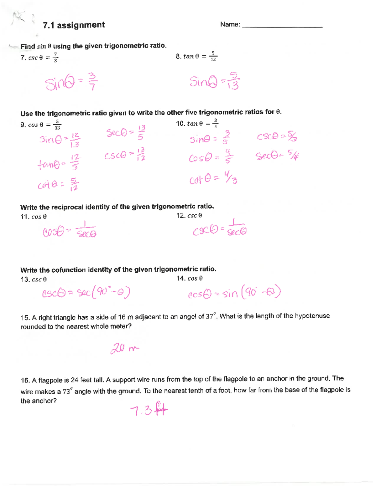 7.1 Trigonometric Ratios Assignment Worksheet KEY - Studocu