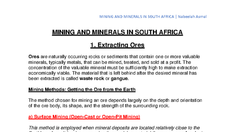 MINING AND MINERALS IN SOUTH AFRICA: Comprehensive Study Notes - Studocu