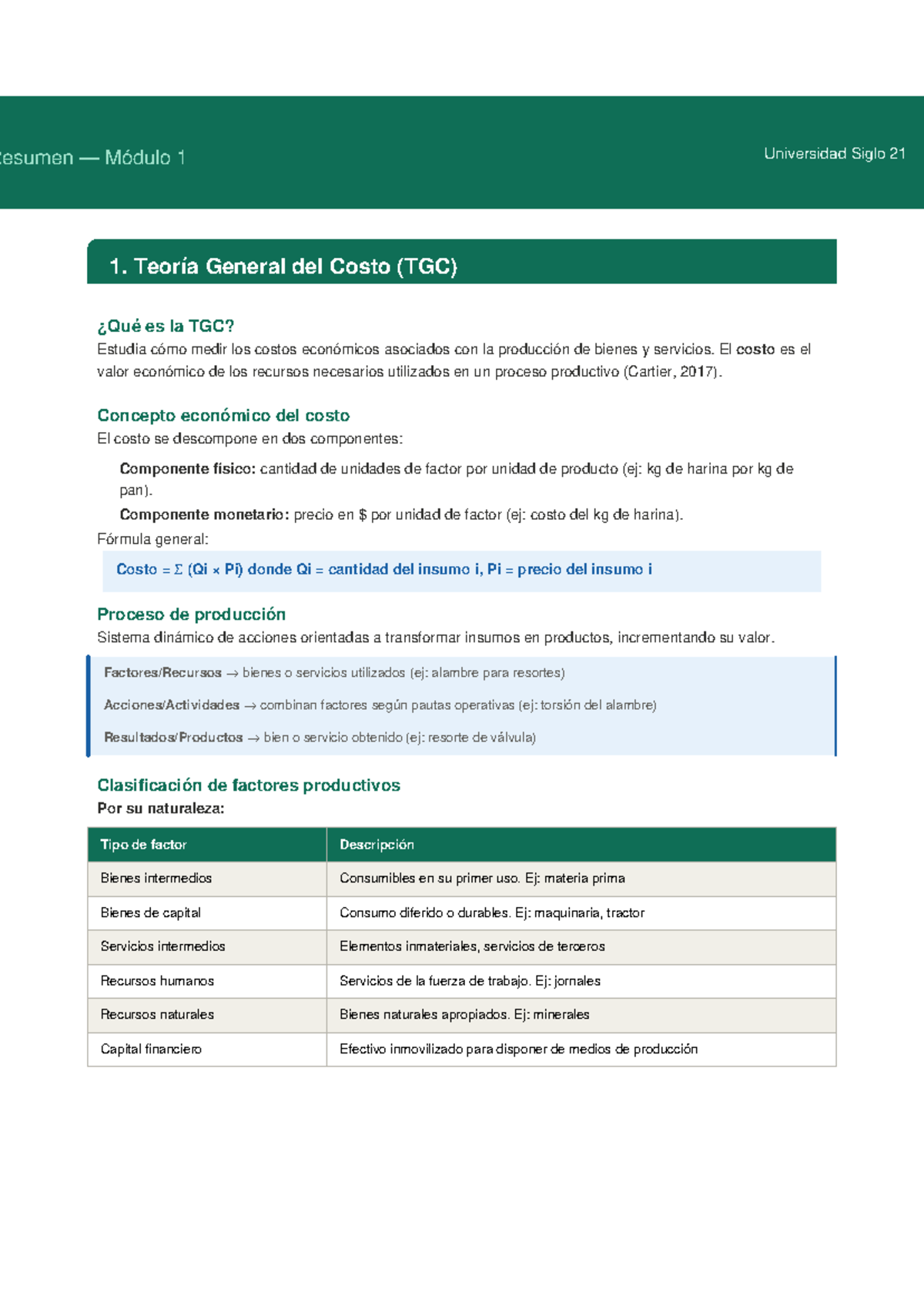 Resumen Módulo 1: Teoría General del Costo (TGC) - Contabilidad de ...