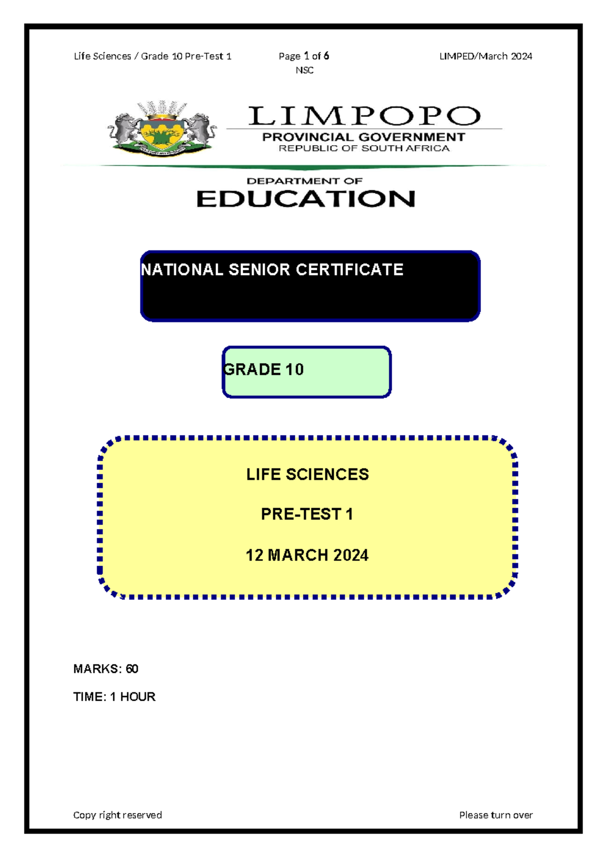 2024 GR 10 Life Sciences NSC Pre-Test - March Exam Paper - Studocu