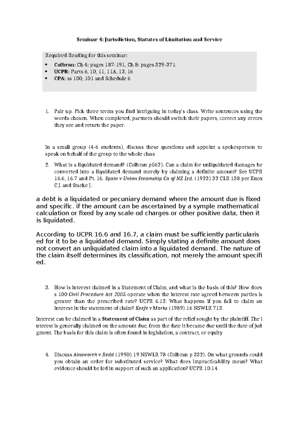 Seminar 4: Jurisdiction & Service - Discussion Questions and Notes ...