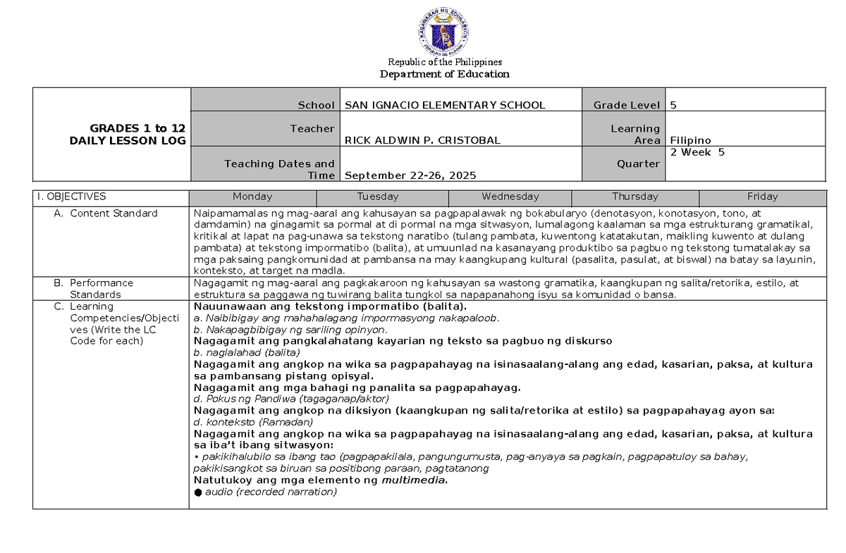 Filipino 5 DLL Q2 W5 - Daily Lesson Log on Ramadan and News Writing ...